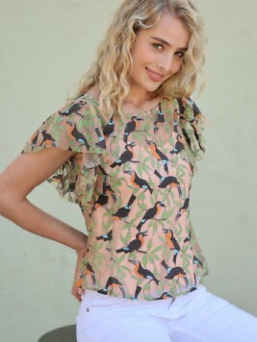 Anthropologie Eva Franco Toucan Print Ruffle Sleeve Top